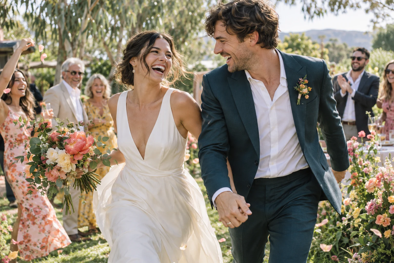 An illustrative wedding couple laughing together among colourful garden flowers